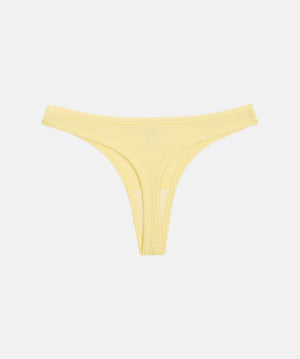A pale yellow ribbed bikini bottom with a low-rise silhouette, photographed flat against a light gray background.