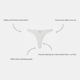 White T-strap underwear centered on a light gray background with four callout arrows and text describing fabric, wear style, and gusset construction.