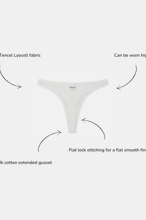 White T-strap underwear centered on a light gray background with four callout arrows and text describing fabric, wear style, and gusset construction.