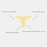 A pale yellow thong-style underwear piece centered on a light gray background, with arrows and text callouts describing its soft Tencel Lyocell fabric, adjustable high or low rise, and flat lock stitching.