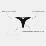 Black thong underwear centered on a light gray background with four curved text callouts and arrows describing fabric, fit options, stitching, and gusset material.