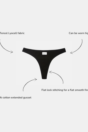 Black thong underwear centered on a light gray background with four curved text callouts and arrows describing fabric, fit options, stitching, and gusset material.