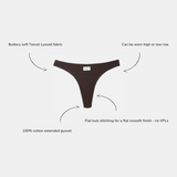 A dark brown thong underwear product centered on a light gray background, with arrows and text callouts describing fabric, fit options, and gusset construction.