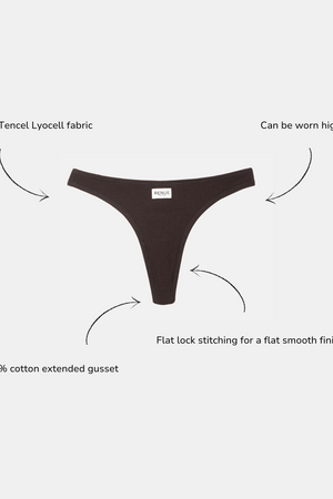 A dark brown thong underwear product centered on a light gray background, with arrows and text callouts describing fabric, fit options, and gusset construction.