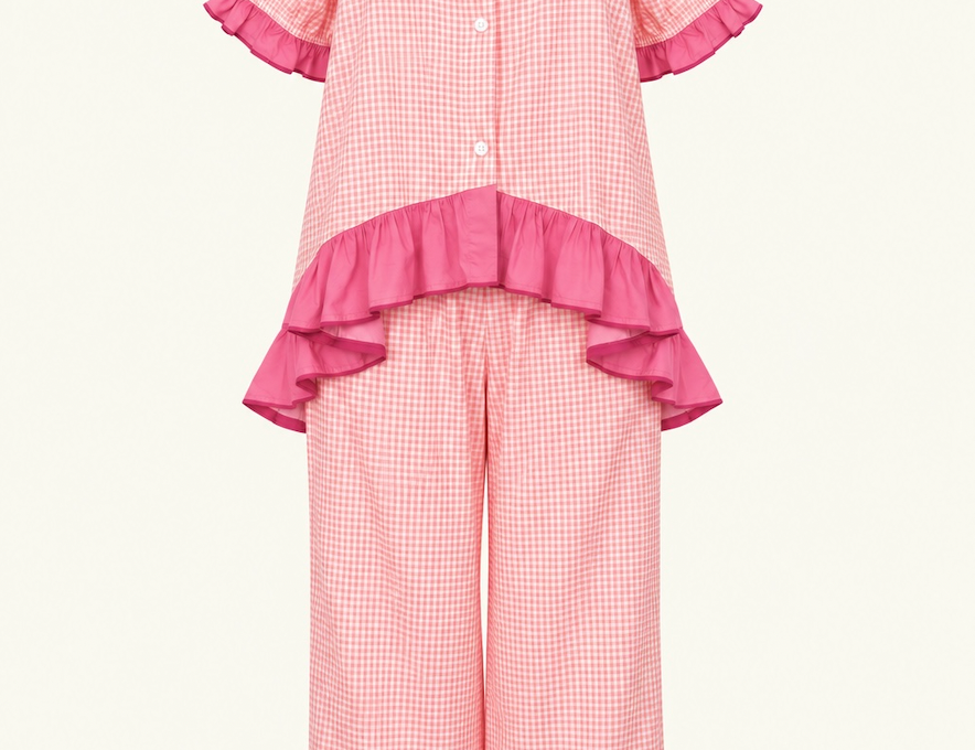 Bonnie Ruffle Pyjama Set, Bright Rose Gingham, flat front view of the buttoned top and cropped trousers with pink ruffles