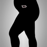 Black leggings with brand logos on a gray background