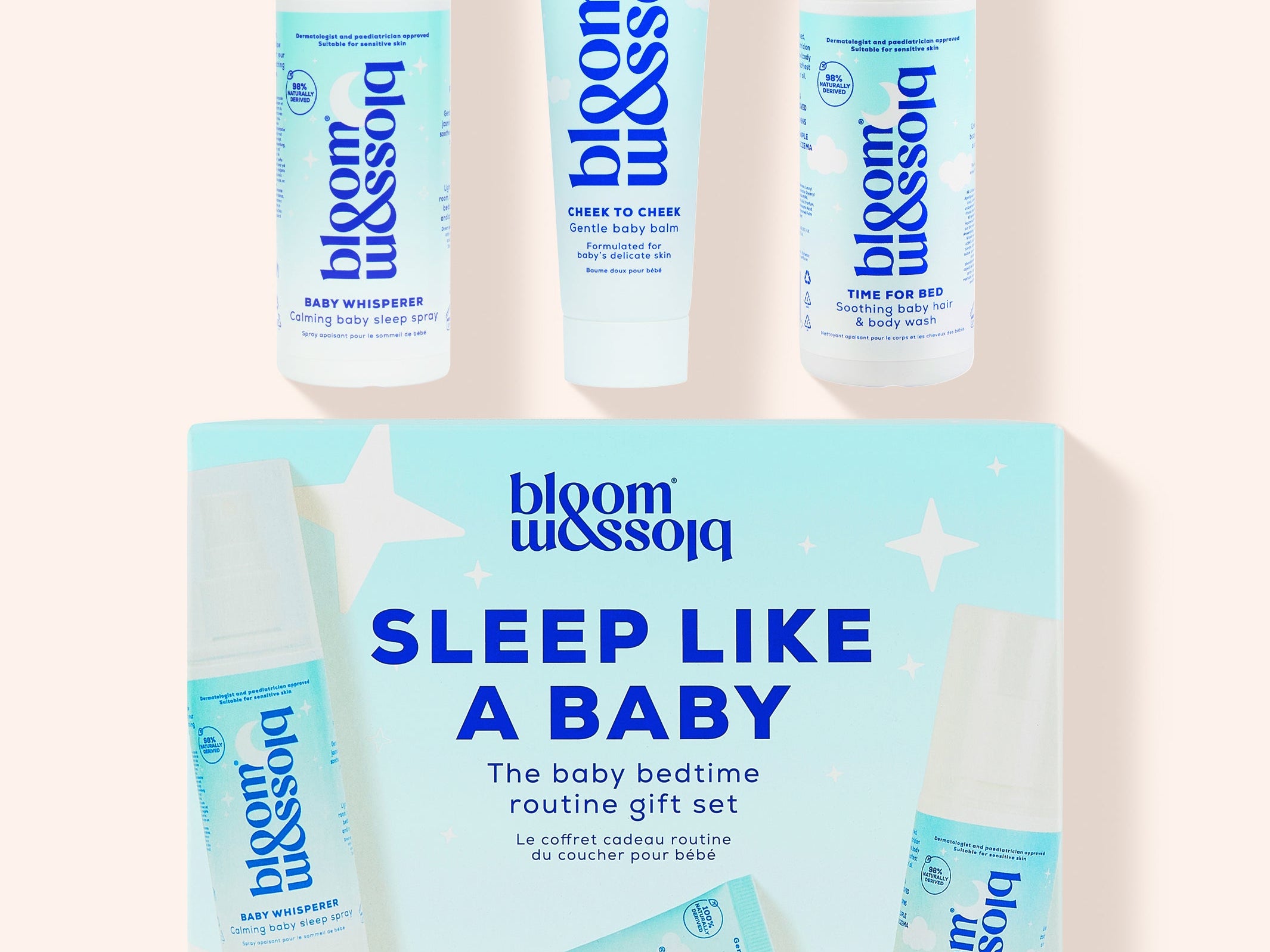 Blossom Sleep Like A Baby routine gift set featuring a light blue and white product box with three matching baby care items displayed above it on a pale peach background.