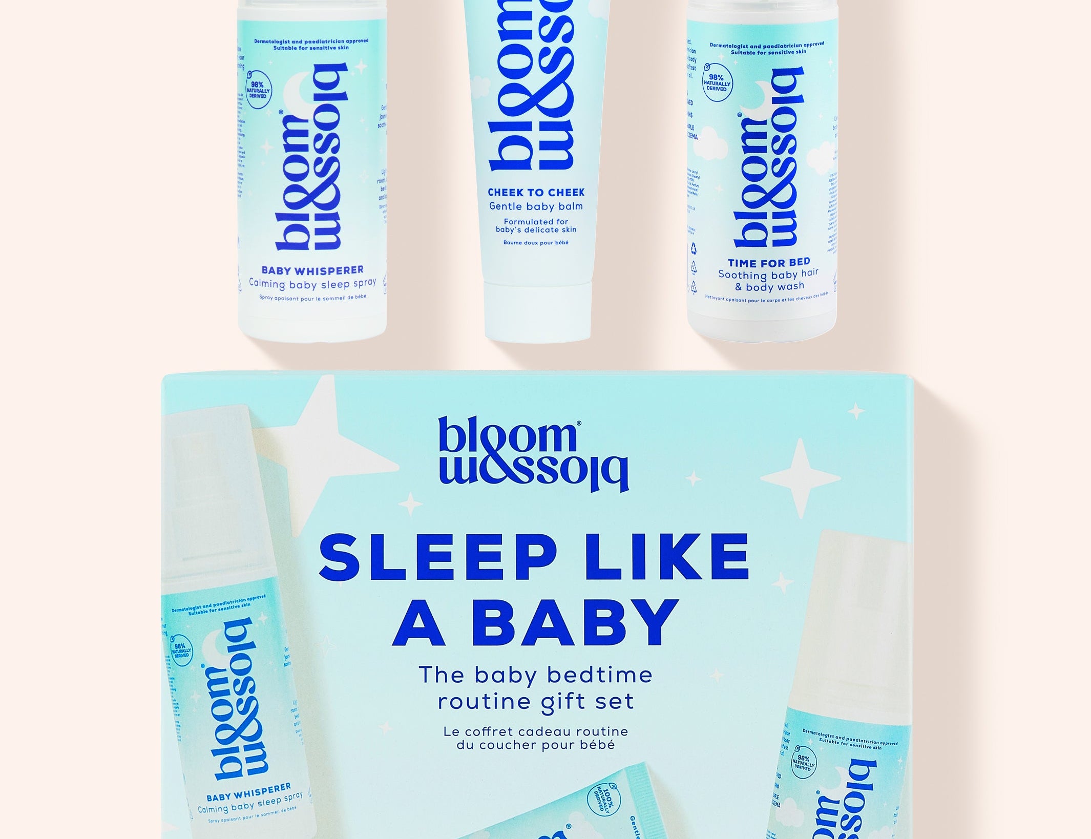 Blossom Sleep Like A Baby routine gift set featuring a light blue and white product box with three matching baby care items displayed above it on a pale peach background.