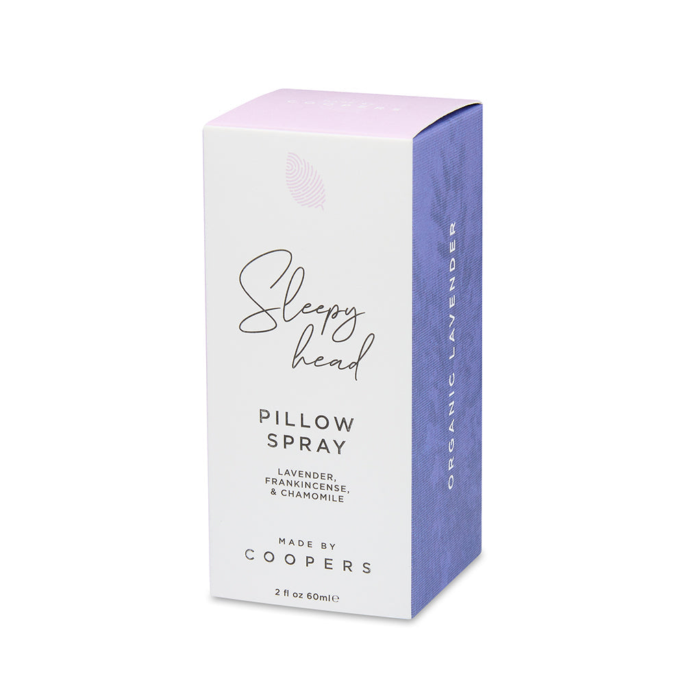 Sleepy Head Pillow Spray presentation box with script logo, lavender, frankincense and chamomile, 2 fl oz 60ml