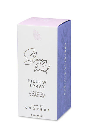 Sleepy Head Pillow Spray presentation box with script logo, lavender, frankincense and chamomile, 2 fl oz 60ml