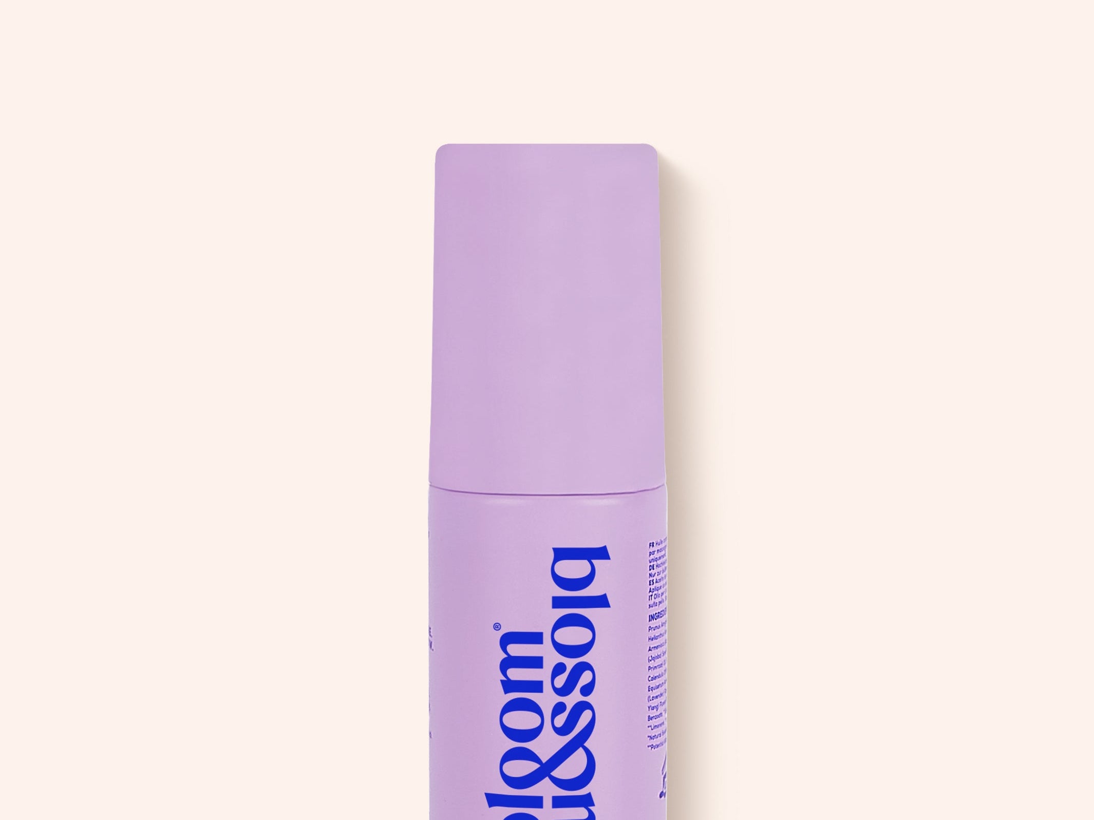 A lavender purple cosmetic tube for 'bloom & assolo' Smooth Moves Smooth Mark Gel, shown on a solid pale cream background.