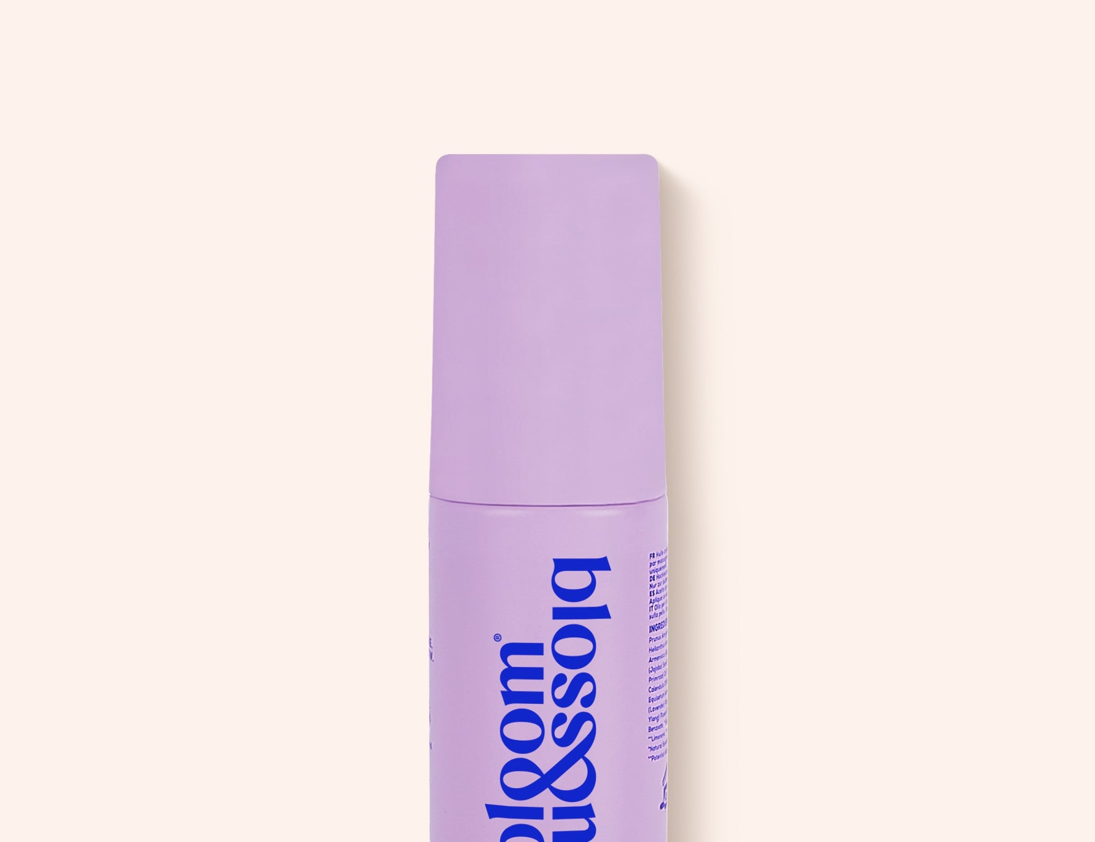 A lavender purple cosmetic tube for 'bloom & assolo' Smooth Moves Smooth Mark Gel, shown on a solid pale cream background.