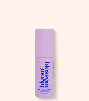 A lavender purple cosmetic tube for 'bloom & assolo' Smooth Moves Smooth Mark Gel, shown on a solid pale cream background.