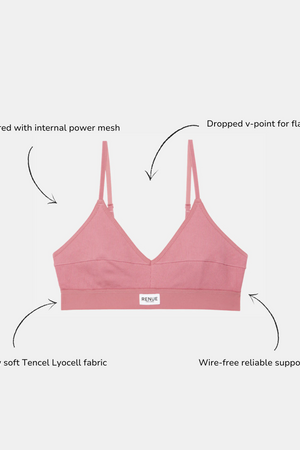 Pink wireless bra with text callouts describing its features: double layered with internal power mesh, dropped V-point for flattering shape, buttery soft Tencel Lyocell fabric, and wire-free reliable support.