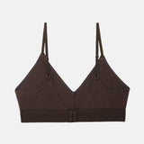 A dark brown ribbed wireless bralette with thin adjustable shoulder straps and a center front closure, shown flat against a light gray background.