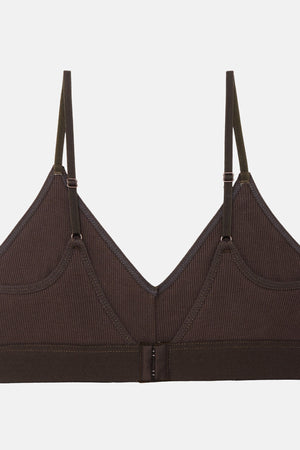 A dark brown ribbed wireless bralette with thin adjustable shoulder straps and a center front closure, shown flat against a light gray background.