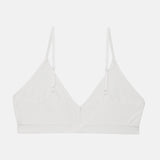 A white wireless triangle bralette with thin adjustable shoulder straps and a center front closure, shown flat against a light gray background.