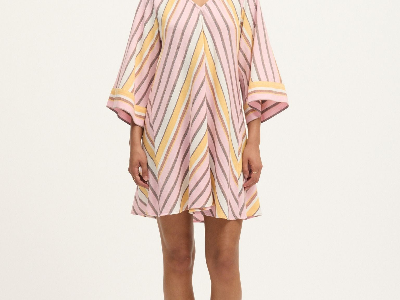 Front view of Summery Copenhagen Martha Mini Dress in Pink Mist with fluted sleeves and V neckline