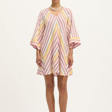 Front view of Summery Copenhagen Martha Mini Dress in Pink Mist with fluted sleeves and V neckline