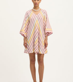 Front view of Summery Copenhagen Martha Mini Dress in Pink Mist with fluted sleeves and V neckline