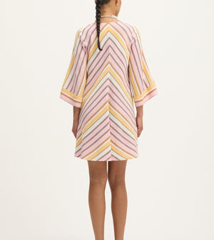Back view of Summery Copenhagen Martha Mini Dress in Pink Mist with fluted sleeves and V neckline