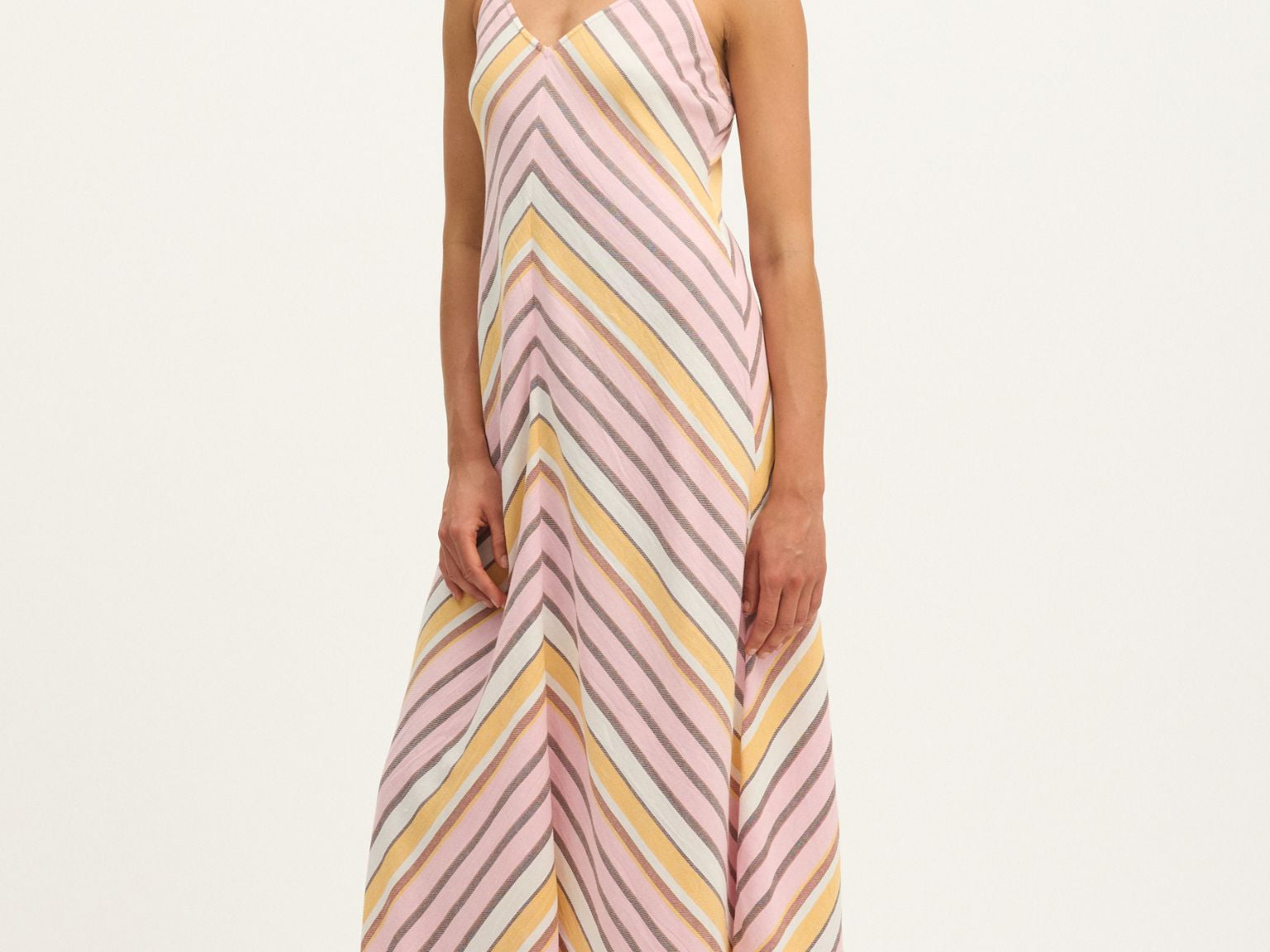 Model wearing Summery Copenhagen Martha Strap Midi Dress in Pink Mist – full front / side view