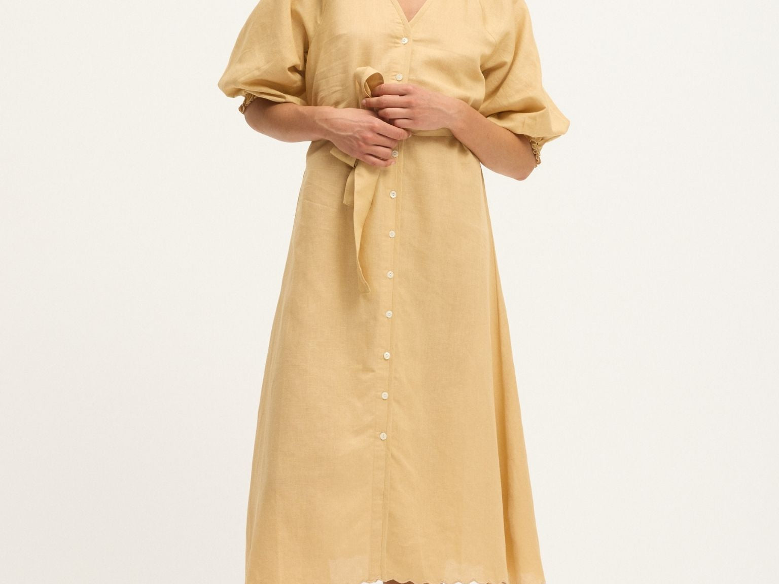Summery Copenhagen Theresa Maternity Midi Dress in Sand – full front view