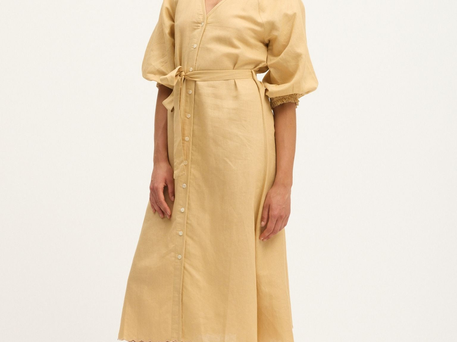 Summery Copenhagen Theresa Maternity Midi Dress in Sand – full front view