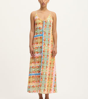 Front view of Summery Copenhagen Carmen String Dress in Multi Colour with tie-front and spaghetti straps