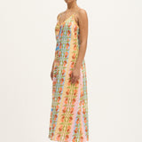 Side view of Summery Copenhagen Carmen String Dress in Multi Colour with tie-front and spaghetti straps