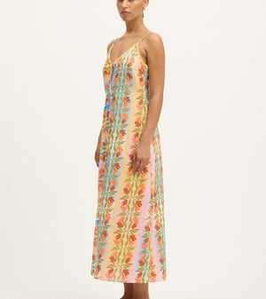 Side view of Summery Copenhagen Carmen String Dress in Multi Colour with tie-front and spaghetti straps