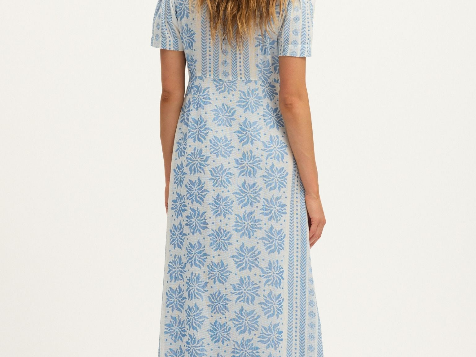 Summery Copenhagen Deborah Waffle Midi Dress in Bright White and Blue