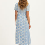 Summery Copenhagen Deborah Waffle Midi Dress in Bright White and Blue