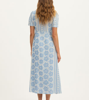 Summery Copenhagen Deborah Waffle Midi Dress in Bright White and Blue