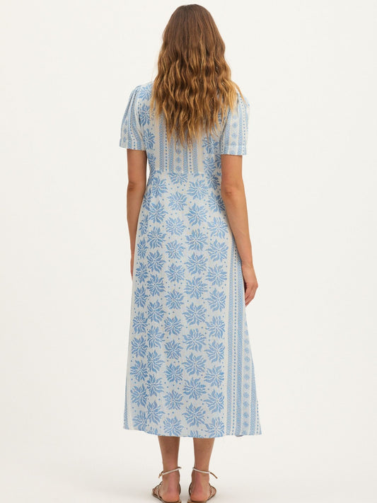 Summery Copenhagen Deborah Waffle Midi Dress in Bright White and Blue