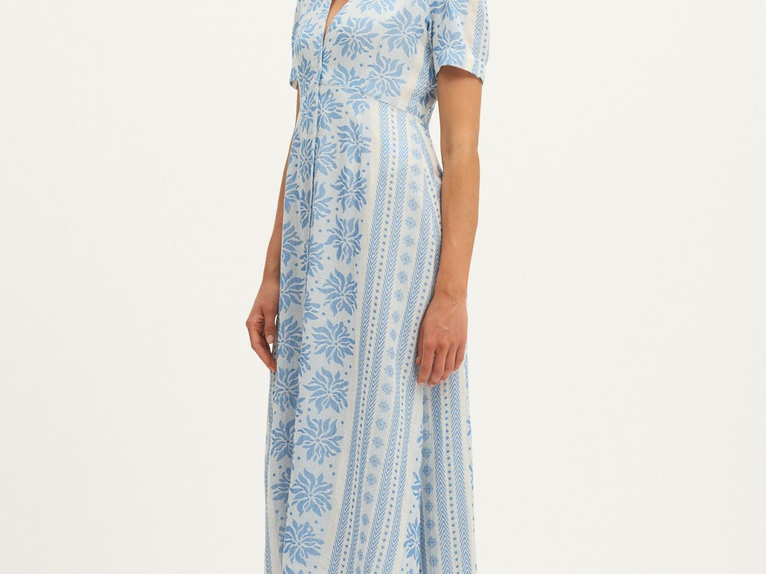 Summery Copenhagen Deborah Waffle Midi Dress in Bright White and Blue