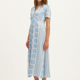 Summery Copenhagen Deborah Waffle Midi Dress in Bright White and Blue