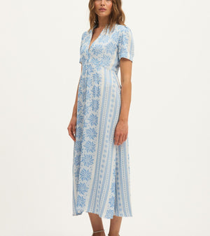 Summery Copenhagen Deborah Waffle Midi Dress in Bright White and Blue