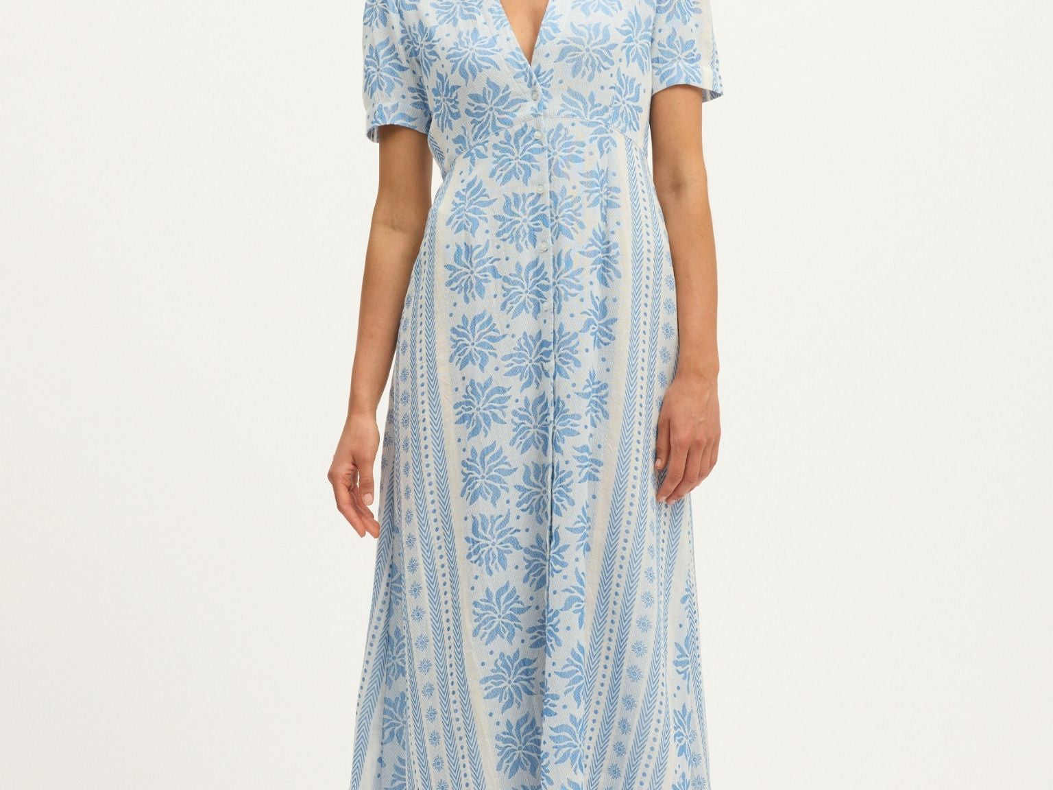 Summery Copenhagen Deborah Waffle Midi Dress in Bright White and Blue