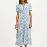 Summery Copenhagen Deborah Waffle Midi Dress in Bright White and Blue