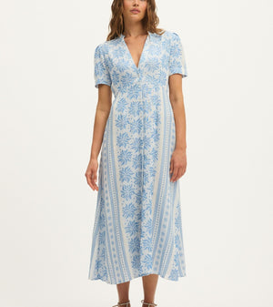 Summery Copenhagen Deborah Waffle Midi Dress in Bright White and Blue