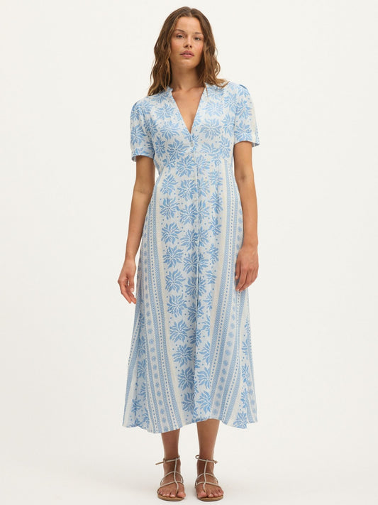 Summery Copenhagen Deborah Waffle Midi Dress in Bright White and Blue