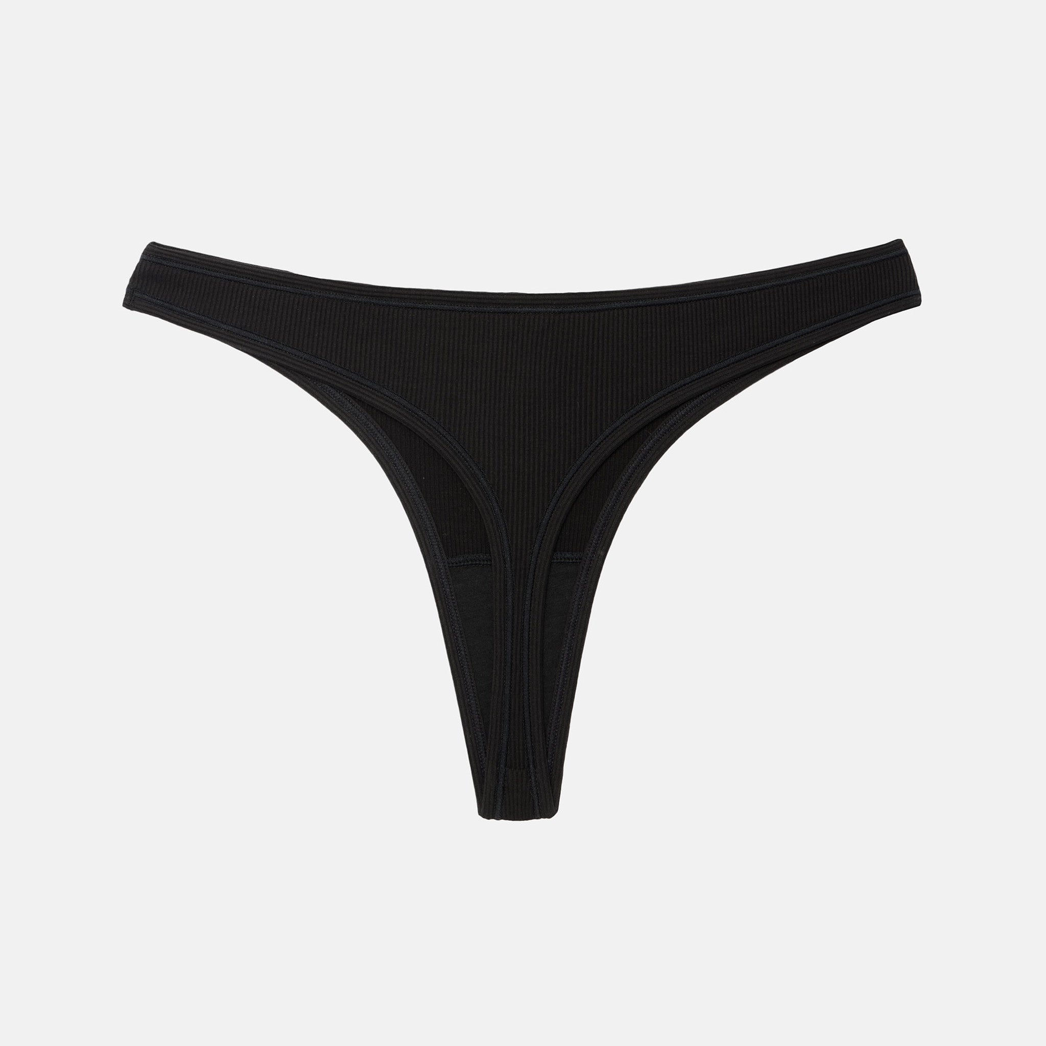 A pair of black ribbed thong underwear with a deep V-front and side cutouts, displayed flat against a light gray background.