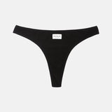 Black ribbed thong underwear with a small white brand label reading 'RENUE' on the front, shown flat against a light gray background.