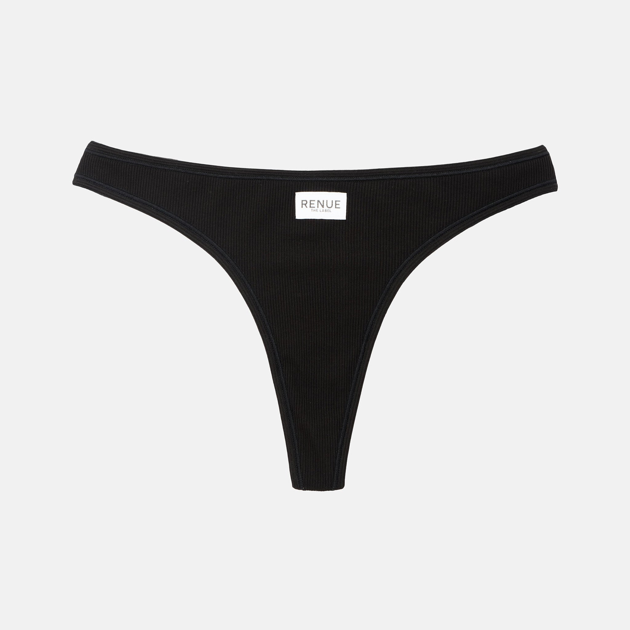 Black ribbed thong underwear with a small white brand label reading 'RENUE' on the front, shown flat against a light gray background.