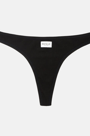 Black ribbed thong underwear with a small white brand label reading 'RENUE' on the front, shown flat against a light gray background.