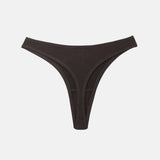 A dark brown ribbed thong-style underwear bottom shown flat against a light gray background.