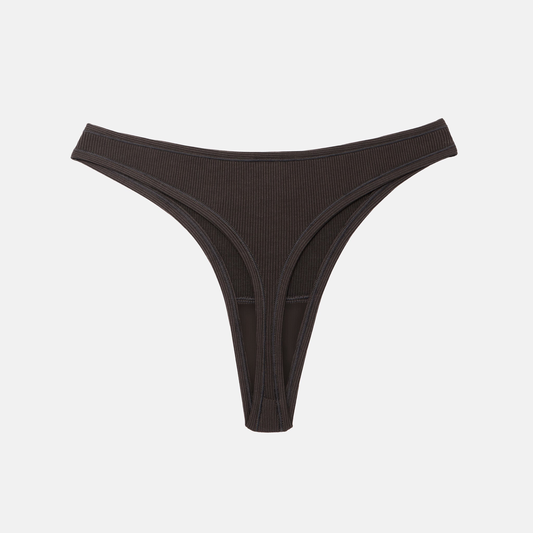 A dark brown ribbed thong-style underwear bottom shown flat against a light gray background.
