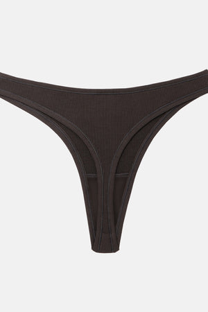 A dark brown ribbed thong-style underwear bottom shown flat against a light gray background.