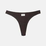 A dark brown ribbed thong-style underwear bottom with a small white rectangular brand label reading 'RENUE' at the center front, shown on a light gray background.